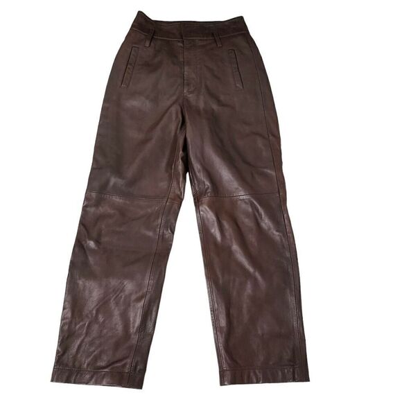 Marissa Webb Pants Womens 2 Brown Lamb Leather Cropped Straight Leg High-Rise - Picture 1 of 16